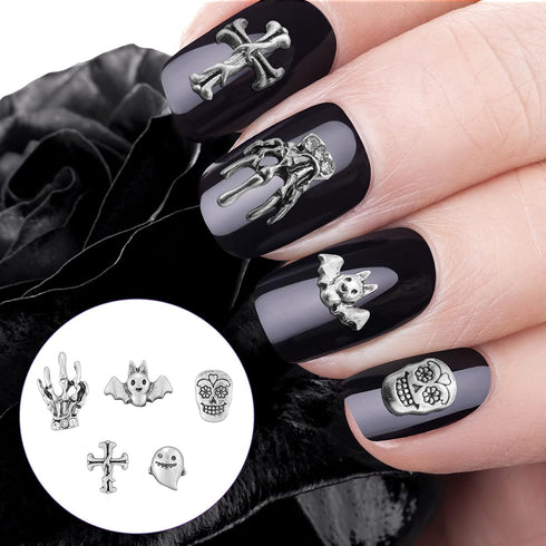 Leelosp 100 Pieces Halloween 3D Nail Charms Skull Ghost Bat Skeleton Punk Hand Shape Metal Alloy Decor for DIY Nail