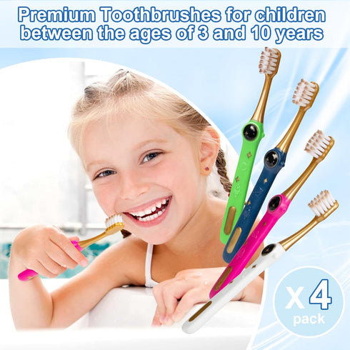 Kids Toothbrush Pack of 4, Galactic Adventures Style, Soft Bristles with Caps for Children Aged 3-10, Girl & Boy Set