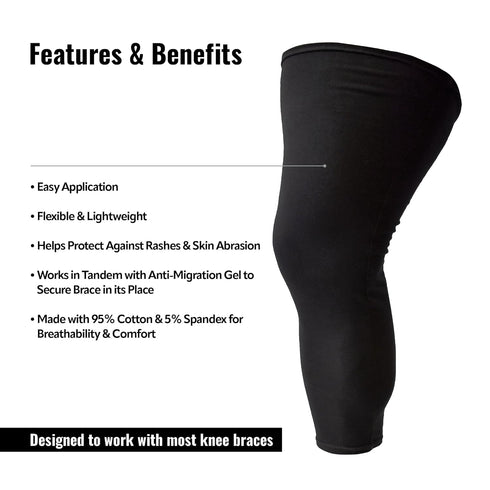 Lightweight Cotton/Spandex Undersleeve for Knee Brace, Black, Plus Size for Skin Protection