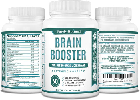 Premium Brain Supplement, Nootropic Brain Booster for Focus, Clarity, Memory, 60 Caps