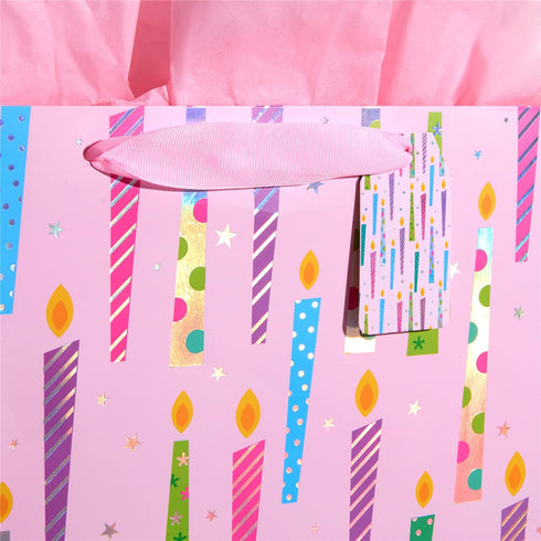 SUNCOLOR 16" Extra Large Gift Bag with Tissue Paper for Girls, Happy Birthday Candles