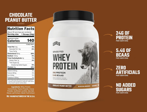 Levels Grass Fed Whey Protein Powder - No Artificials, 24G Protein, Chocolate Peanut Butter, 2LB