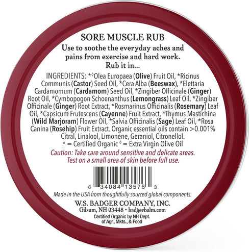 Badger - Sore Muscle Rub, Cayenne Pepper and Ginger, Organic Sore Muscle Rub, Warming Balm, Muscle Relief Balm, Warming Muscle Rub, Sore Muscle Balm, 2 oz