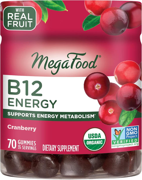 MegaFood Vitamin B12 Energy Gummies - Vegan, Cranberry Flavor, 70 Gummies, Daily Vitamin B12 Supplement, with Methyl