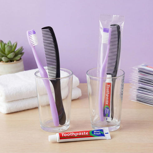HOIQIRY Pack 100,Purple Disposable Toothbrushes with Toothpaste and Comb - of Soft Bristle Individually Wrapped Single