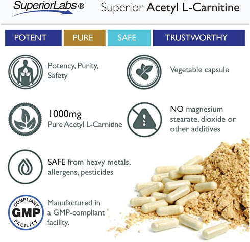 Superior Labs Acetyl L-Carnitine 1000mg, 200 Caps: Maximum Absorption, Pure Vegetable Capsules, Zero Synthetic Additives
