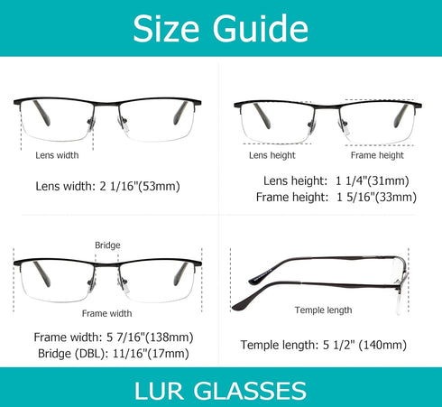 LUR READING GLASSES 3 Pack Half-Rim Metal Readers (Gunmetal)