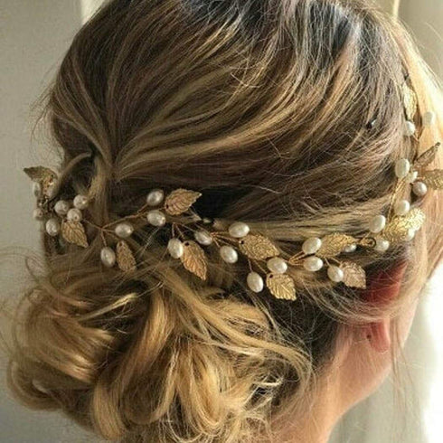 Unicra Wedding Leaf Hair Vine, Bridal Pearl Headpiece, Gold Hair Accessories for Brides and Bridesmaids