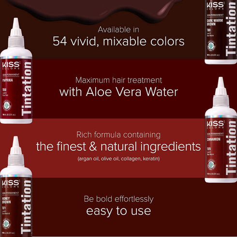 Red by Kiss Tintation Semi-Permanent Hair Color, Long-Lasting Dye with Aloe Vera, Argan Oil (Darkest Brown, 5 Fl Oz)