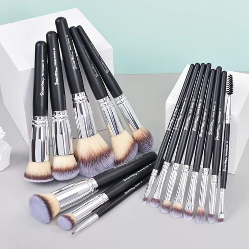 16Pcs ULTRA SOFT Black Labeled Makeup Brushes Set - Includes Large Powder, Flat Foundation, Blending Brushes
