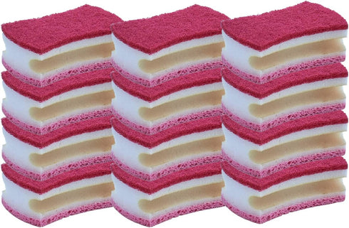 Non-Scratch Heavy Duty Dual Sided Kitchen Scrubber Sponge, 12 Sponges, Red/Pink