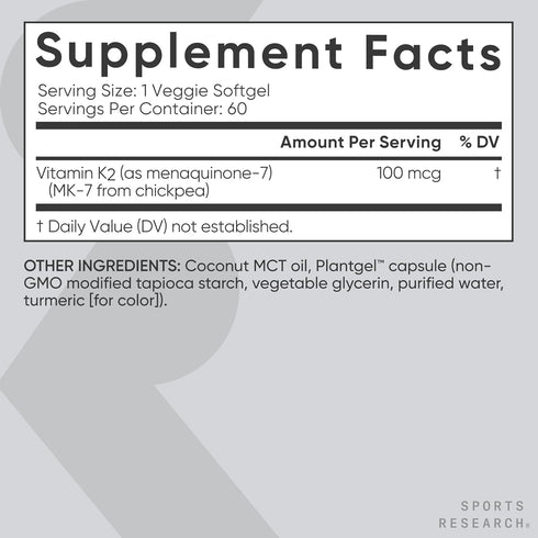 Sports Research Vitamin K2 as MK-7, 100mcg, 60 Veggie Softgels, Vegan Certified, Non-GMO