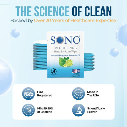 Packs SONO Bergamot & Aloe Moisturizing Hand Sanitizer Wipes - TSA-Approved Travel Size Individual for On-the-Go
