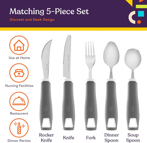 Special Supplies 5-Piece Adaptive Utensils Set, Non-Weighted, Non-Slip Handles for Hand Tremors, Arthritis, Parkinson’s