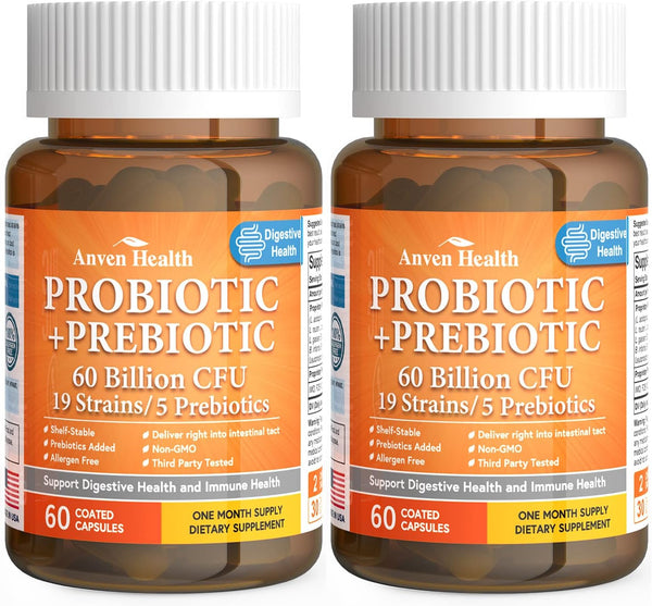 60 Billion Probiotics for Women and Men, 19 Strains, 5 Organic Prebiotics for Gut Digestive & Immune Health, Vegan