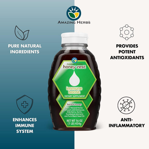Amazing Herbs Raw Natural Honey, 16 Fl Oz - Herbal Honey with Echinacea, Elderberry, Garlic, and Black Seed Oil