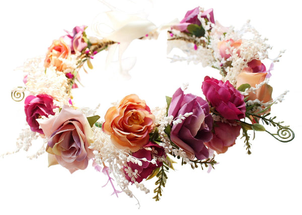 Vivivalue Pink Rose Flower Crown Boho Headband, Floral Halo for Wedding Party Festival Photos