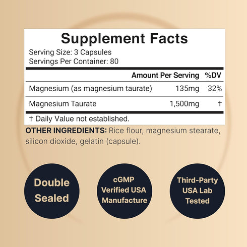 Magnesium Taurate 1,500mg Per Serving, 240 Capsules | Chelated for High Absorption – Heart & Nervous Mineral Supplement – Non-GMO, Gluten Free