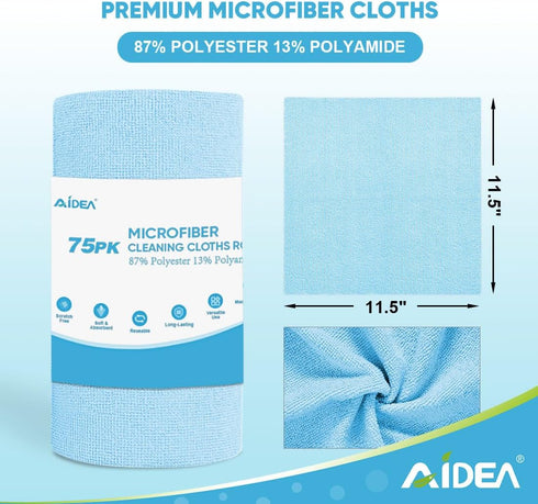 AIDEA Blue Microfiber Cleaning Cloth Roll, 75PK, Washable Shop Rags, Lint Free Cleaning Towels for House, Kitchen, Car