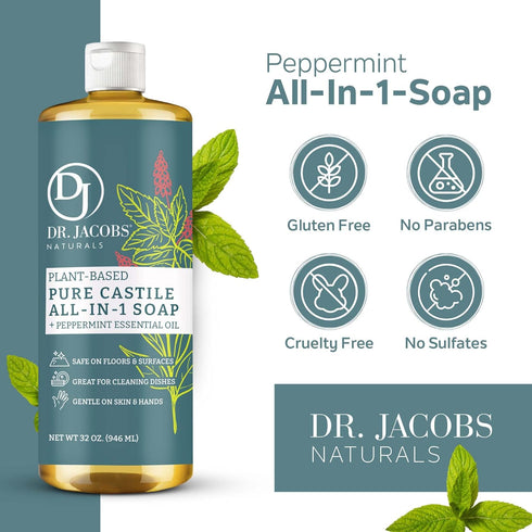 Dr. Jacobs Naturals Peppermint Castile Soap All-Purpose Cleaner, Eco-friendly Plant-Based Formula (32 Fl Oz)