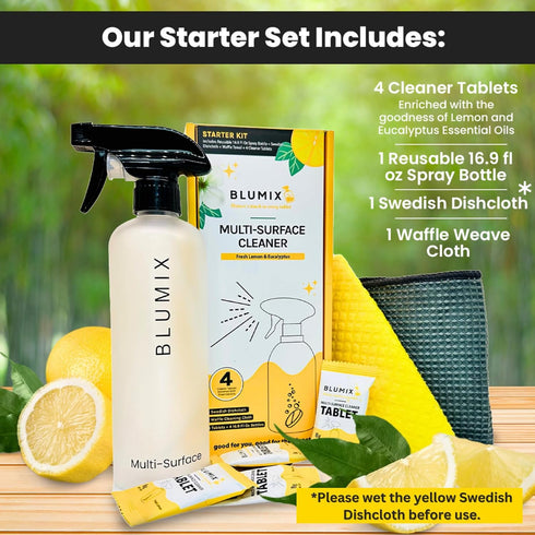 Set 4 Count Multi-Surface Cleaner Refill Starter + Spray Bottle | Eco-Friendly, Biodegradable, Plastic-Free Cleaning