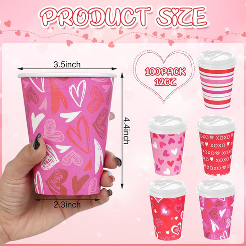 Pascliyna 100 Set 12oz, 5 Valentines Disposable Coffee Cups with Lids Pink Heart Print Disposable Paper Cups, Styles