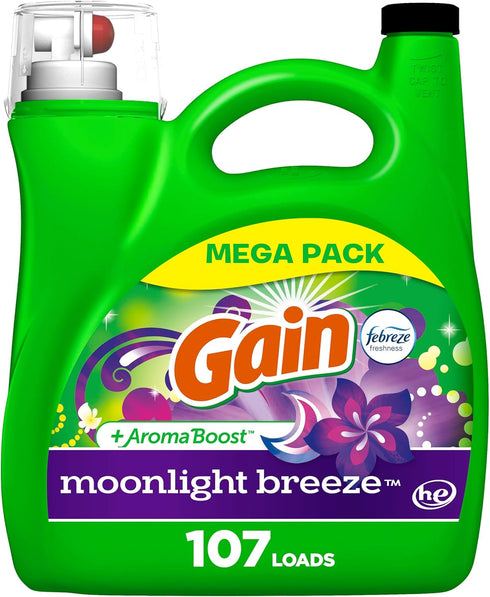 Gain + Aroma Boost Liquid Laundry Detergent, 154 Fl Oz Moonlight Breeze Scent, 107 Loads, HE Compatible