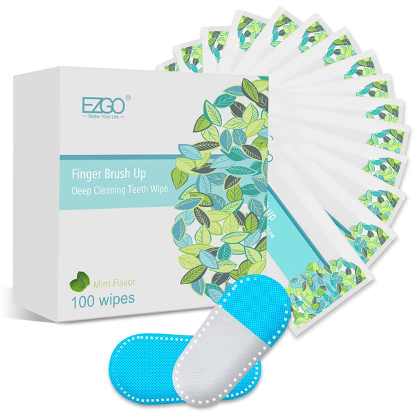 EZGO 100pcs Deep Cleaning Teeth Wipes, Finger Brush, Latex Free Mint Flavor