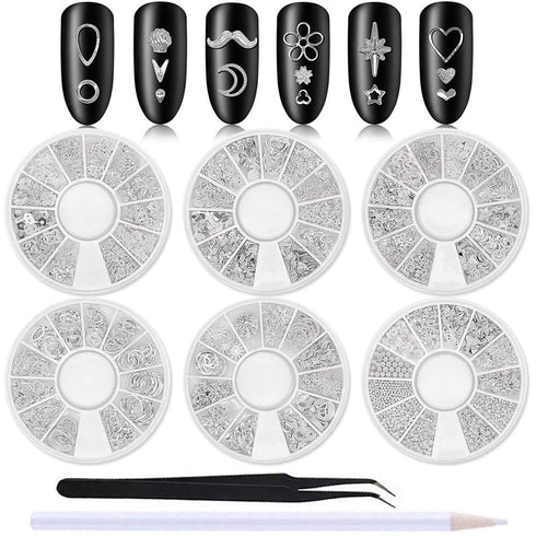 WOKOTO 6 Boxes Silver Hollow Nail Art Studs Set - 3D Flower Diamond Manicure Kit with Tweezers