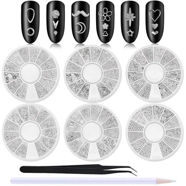WOKOTO 6 Boxes Silver Hollow Nail Art Studs Set - 3D Flower Diamond Manicure Kit with Tweezers