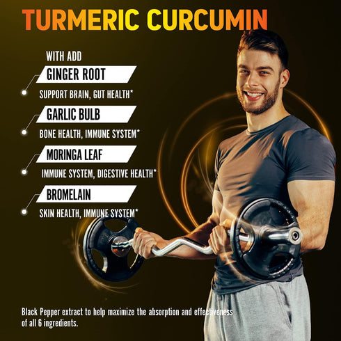 6 in 1 Turmeric Curcumin + Ginger Capsules, 95% Curcuminoids, Joint & Absorption Support - 120 Capsules
