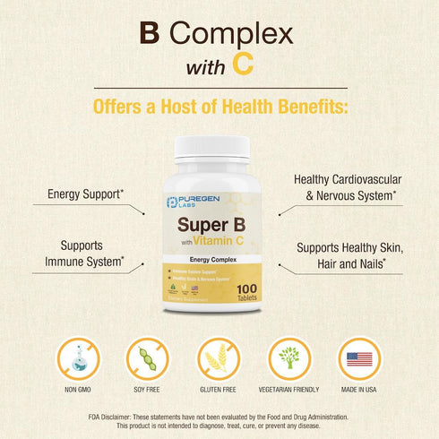 Puregen Labs Super B Energy Complex with Vitamin C | 100 Vegetarian Tablets | Immune Health, Energy & Nervous System
