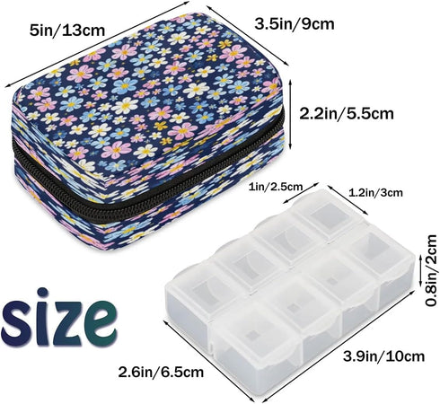 Honeybaby Small Flowers Printed Pill Case Bag Portable Weekly Pill Organizer Travel Pill Organizer Case Bag with Zipper