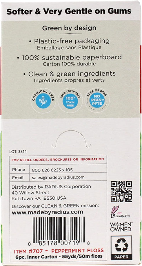 RADIUS Peppermint Dental Floss, 55 Yards Vegan Non-Toxic Oral Care, Total Tooth & Gum Protection, Pack of 3