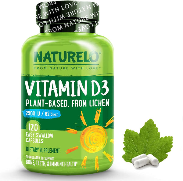 NATURELO Vitamin D 2500 IU, Plant Based Natural D3 Supplement for Immune System, 120 Capsules