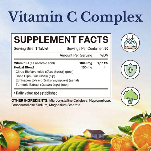 VITALITOWN Vitamin C Complex 1000mg with Rose Hips, Bioflavonoids, Turmeric & Echinacea, Daily Immune Support, Collagen Booster & Powerful Antioxidant, Vegan, 90 Tablets