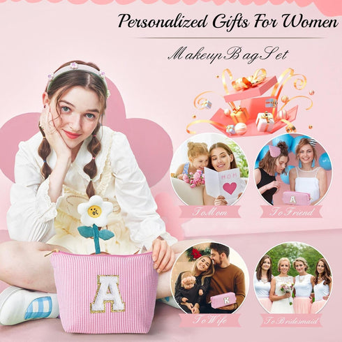 Personalized Makeup Bag for Women - Monogram Travel Toiletry Bag, Birthday Gifts for Her, Pink Initial E