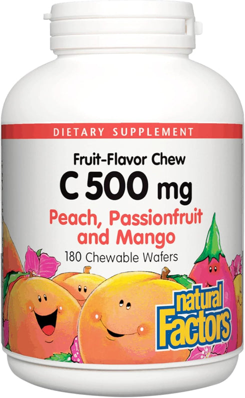 Natural Factors Kids Chewable Vitamin C 500 mg - 180 Wafers, Supports Immune Health, Bones, Teeth & Gums