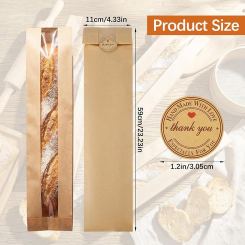 Yuanan 200 23.2"X4.3"X1.6" 300 PCS Paper Bread Bag with Window, French Bread Bags with Seal Stickers Long Paper Breads