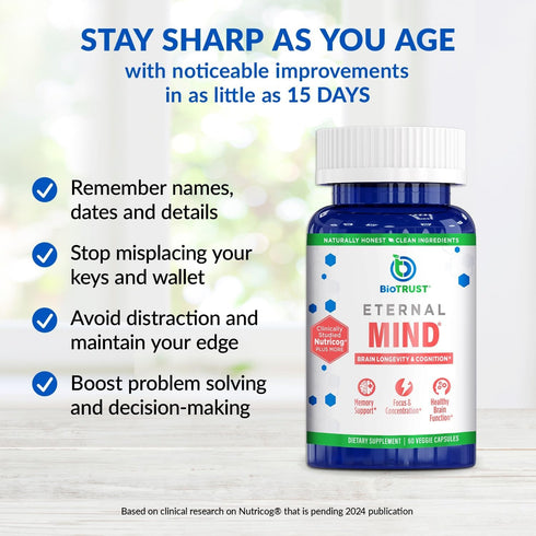 BioTrust Eternal Mind Brain Supplements - Clinically Studied Memory Supplement for Focus & Cognition - 30 Servings