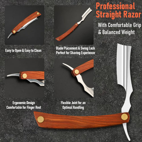 Professional Straight Razor with Strope - Premium Stainless Steel Barber Shaver Razor for Men’s Grooming (NO.150)
