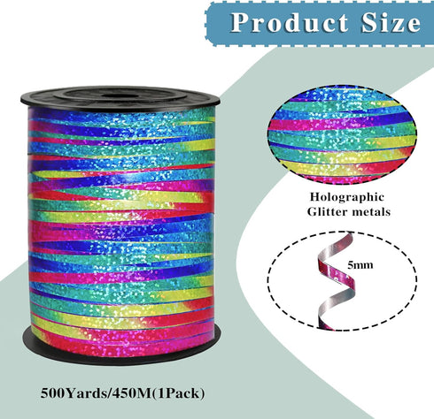 500 Yard Rainbow Ribbon,Rainbow Color Ribbon Curling Crimped,Rainbow Shiny Curling Shiny Ribbon,Balloon String,3/16" Laser Curly Ribbon ,Wedding, Birthday,Party Art Craft Decor by weizedm