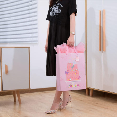 SUNCOLOR 16" Extra Large Gift Bag with Tissue Paper for Girls (Happy Birthday Cake)