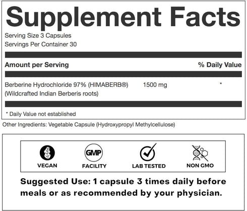 Clean Label Berberine HCl 97% - Clinically Studied Ultra High Strength Pure Berberine 500mg Supplement - Gluten-Free - 90 Capsules