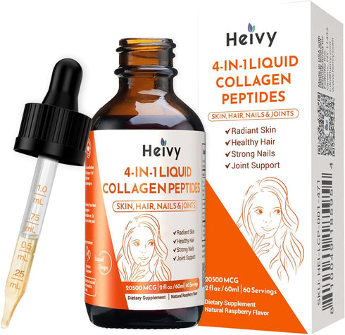 Liquid Collagen for Women, 4-in-1 Collagen Peptides with Biotin, 25000 MCG Drops, Raspberry Flavor
