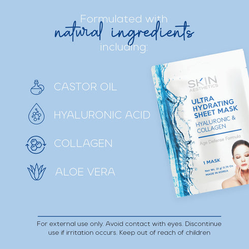 Hyaluronic & Collagen Sheet Face Mask - Skin Firming & Anti-Aging, Ultra Hydrating Sheet Mask - 5 Masks