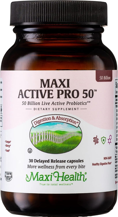 Maxi Health Probiotic Plus Ultimate Prebiotic - 50 Billion Live Active Probiotics Formula - 15 Strains - 30 Count