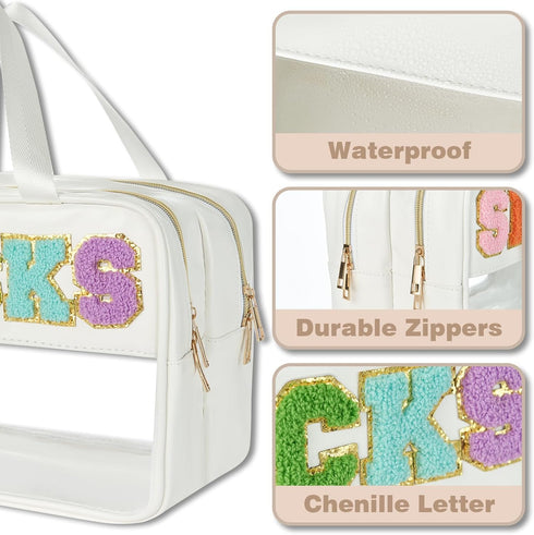 Snack Bags for Travel, Varsity Letter Pouch, Clear Toiletry Bag, Preppy Cosmetic Bag for Women, PU Leather