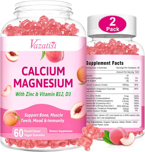 2 Pack Calcium Magnesium Zinc Gummies with Vitamin D3 & B12, Sugar Free, Vegan Peach Flavor Calcium Supplements for