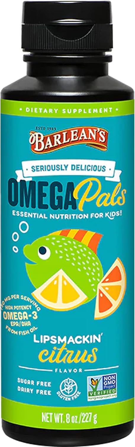 Barlean's Omega Pals Lipsmackin' Citrus Flavored Omega-3 for Kids, 8 oz Liquid Fish Oil Supplement